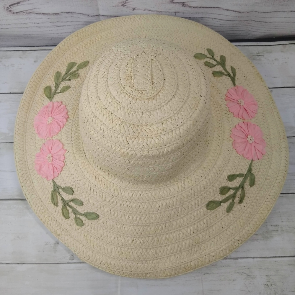 Cest.1946 Woven Straw Raffia Floppy Floral OS/Lrg Ribbon Cinch Sizing Beach Hat